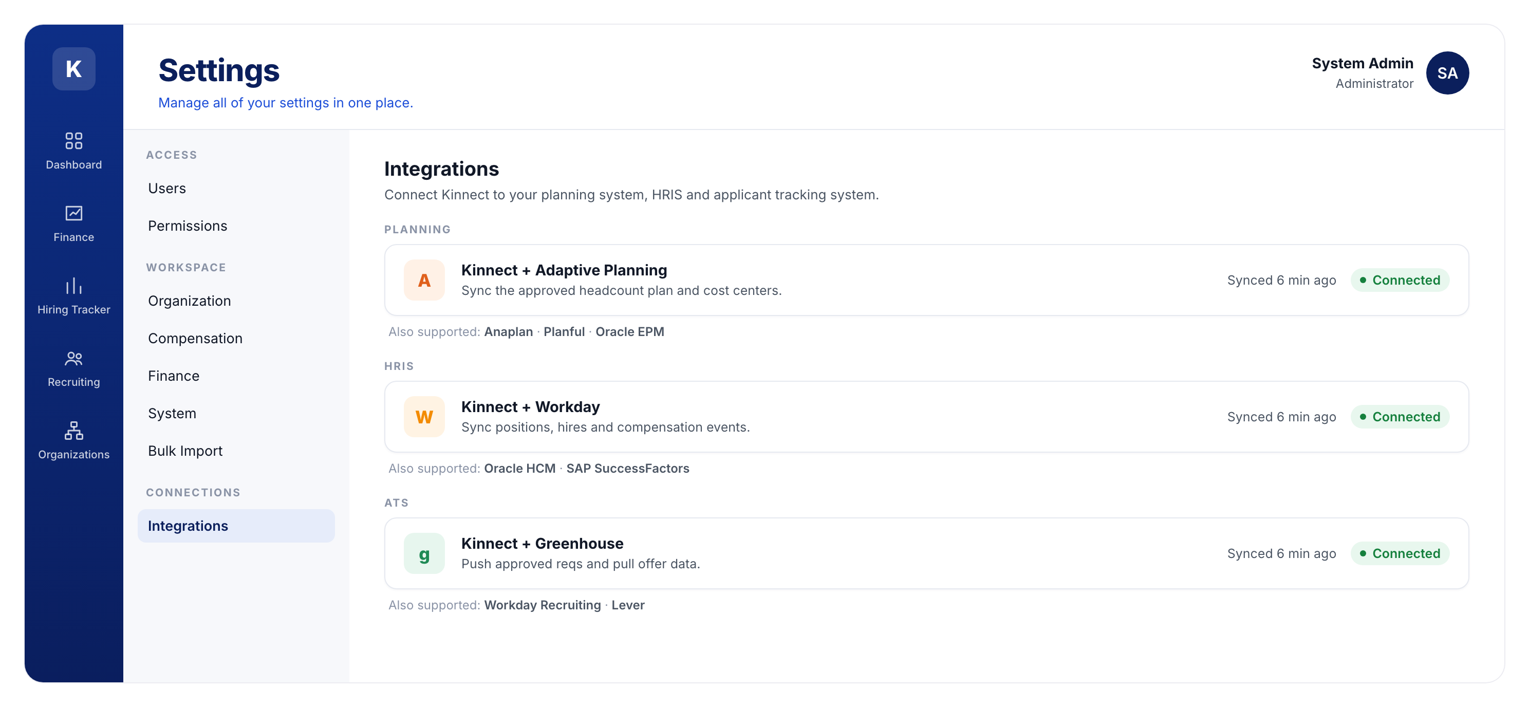 Kinnect settings: planning system, HRIS and ATS integrations connected